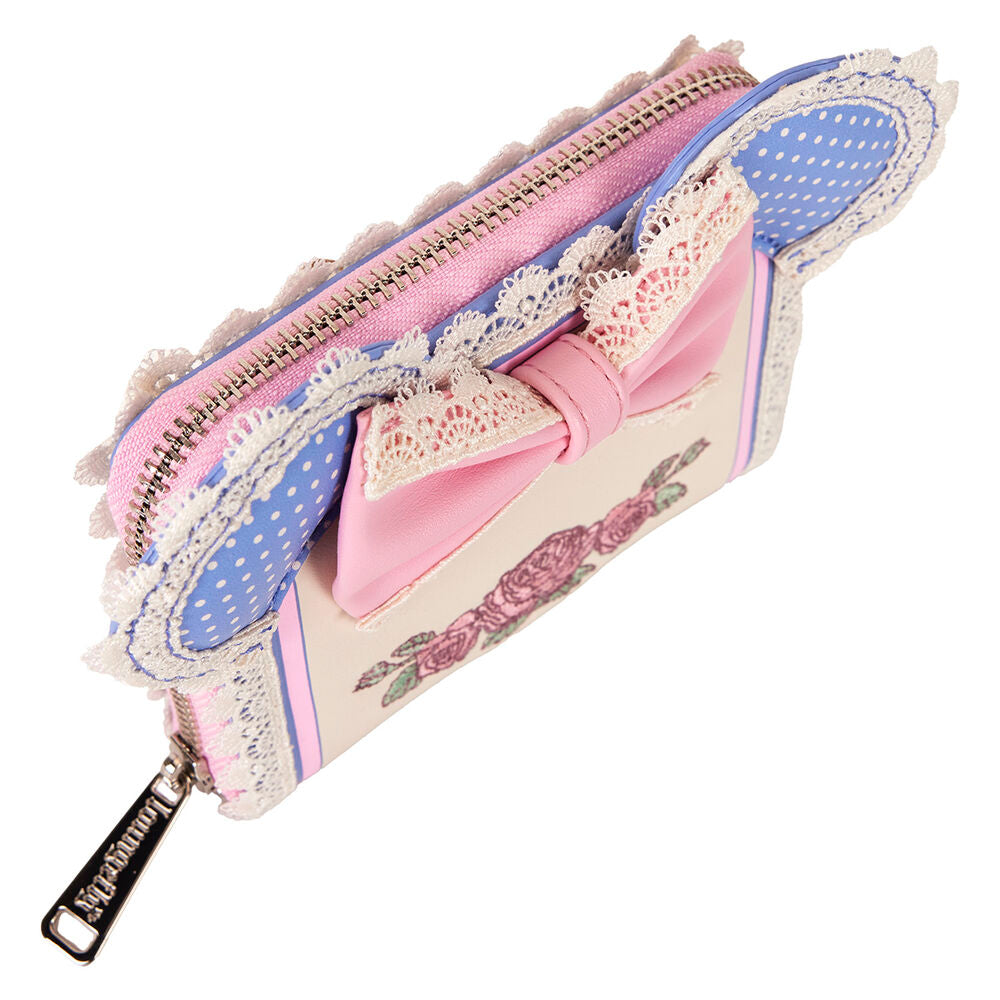 Intérieur du portefeuille Loungefly Minnie Floral montrant les quatre emplacements pour cartes et la doublure assortie
