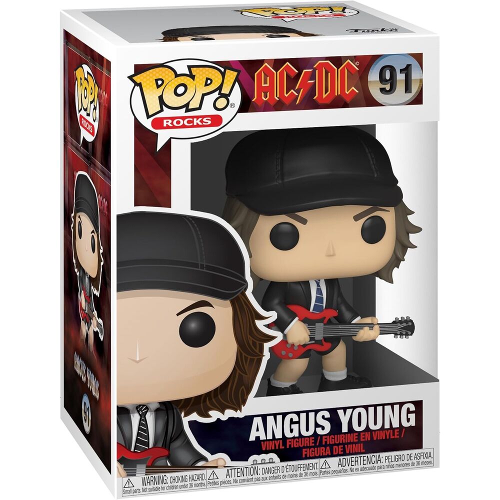 Vue latérale de la figurine Angus Young Funko POP montrant les détails du costume