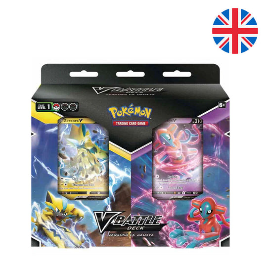 Vue rapprochée du deck Pokémon Deoxys vs Zeraora V avec les cartes disposées en éventail sur fond blanc