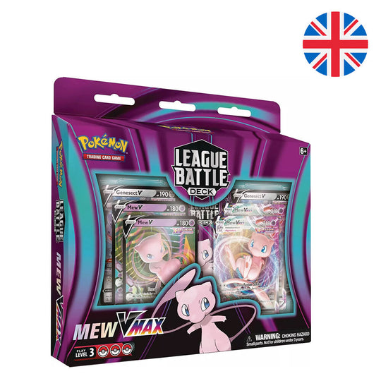 Vue détaillée du deck Pokémon Mew VMAX en anglais avec cartes foil et boîte de rangement officielle