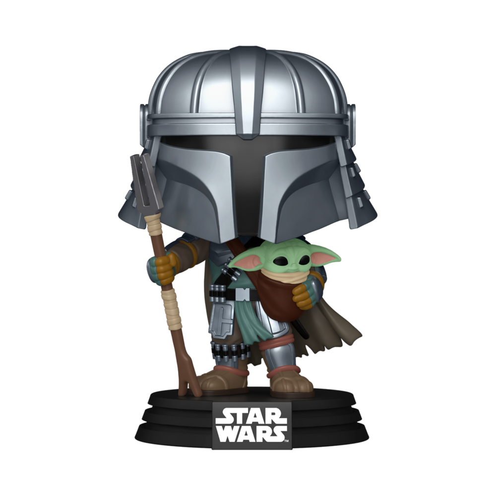 Détail de la figurine Mandalorian avec Grogu, mettant en avant la qualité du vinyle et le design unique