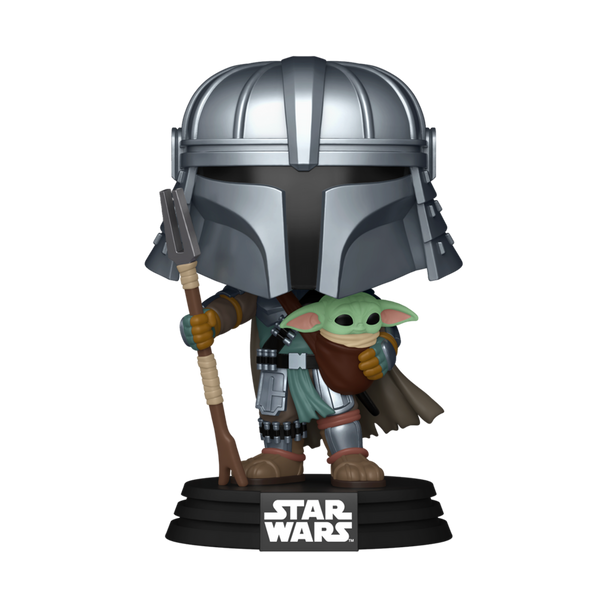 Détail de la figurine Mandalorian avec Grogu, mettant en avant la qualité du vinyle et le design unique