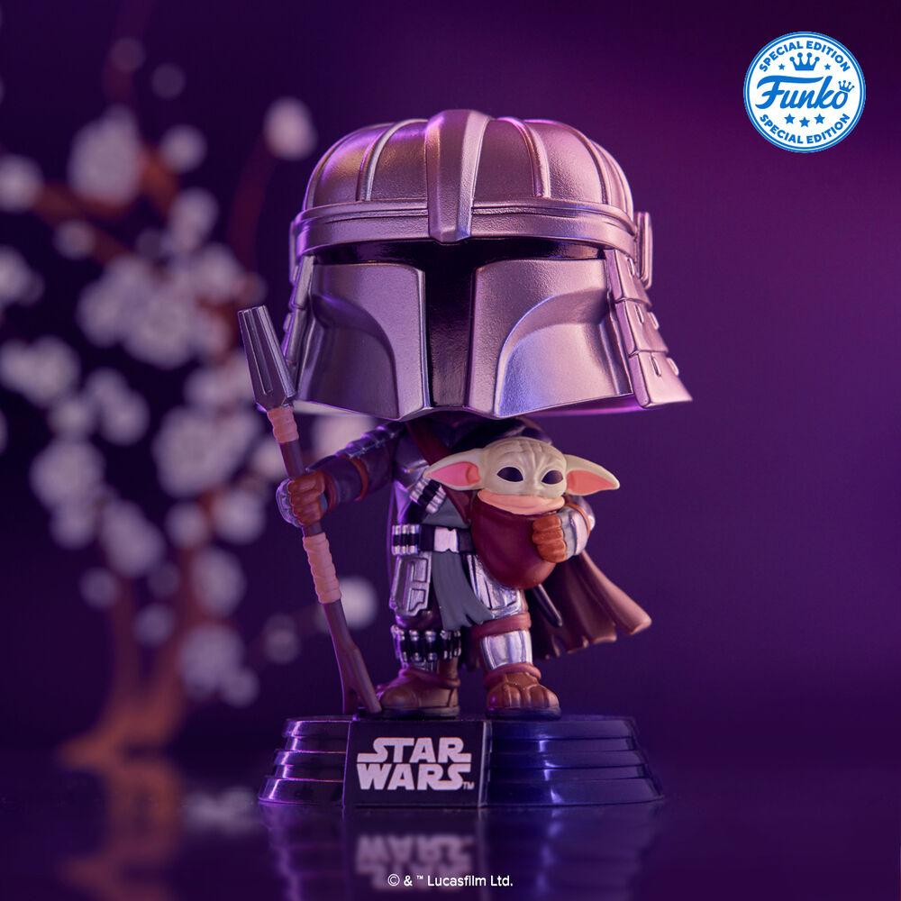 Carte d'art Star Wars exclusive accompagnant la figurine POP Mandalorian avec Grogu, illustration colorée