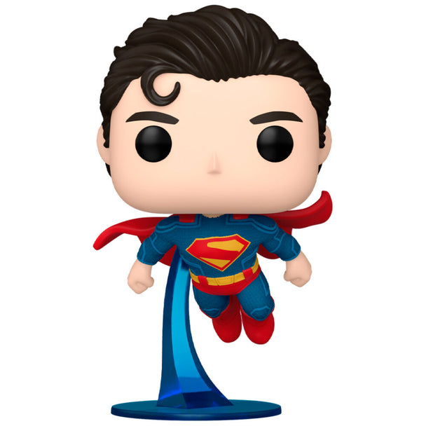Vue rapprochée de la figurine Funko POP Superman montrant les détails de son costume emblématique bleu et rouge