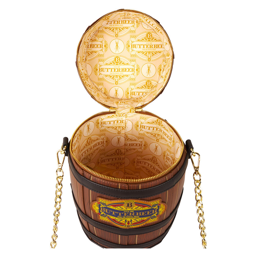 Vue latérale du sac épaule Butterbeer Loungefly mettant en valeur la bandoulière ajustable