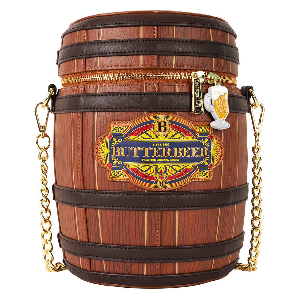 Sac épaule Loungefly Harry Potter Butterbeer porté par un mannequin, illustrant le confort