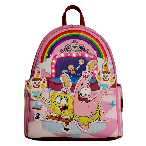 Vue avant du sac à dos Loungefly SpongeBob Goofy Goobers avec motifs colorés et logo distinctif