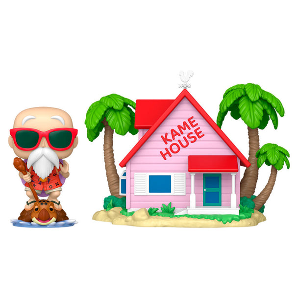 Vue latérale de la figurine POP FUNKO Master Roshi à Kame House, mettant en valeur les couleurs et textures