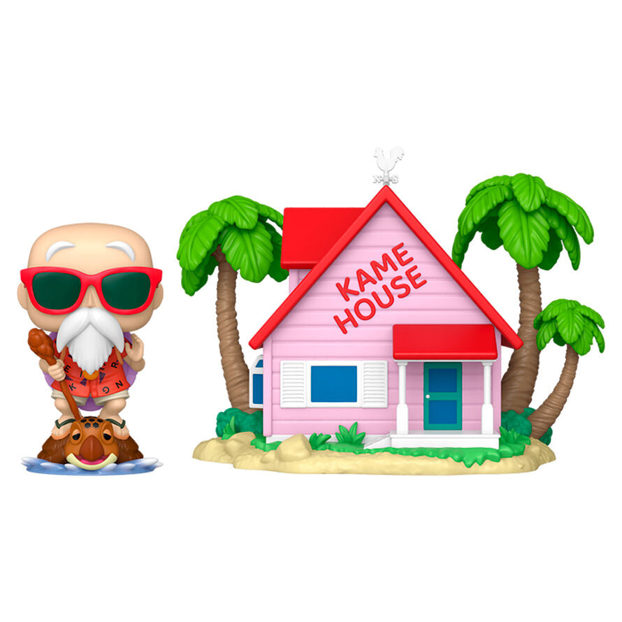 Vue latérale de la figurine POP FUNKO Master Roshi à Kame House, mettant en valeur les couleurs et textures