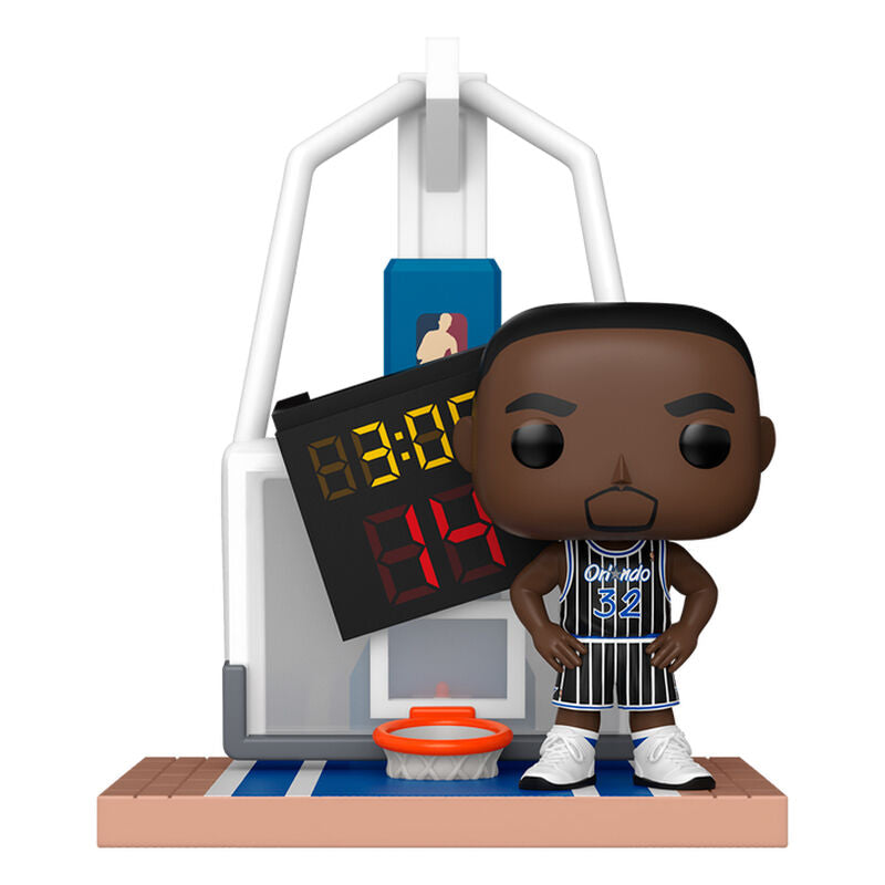 Figurine Funko POP Deluxe Shaquille O'Neal en tenue Orlando Magic avec panneau de basket, vue de face