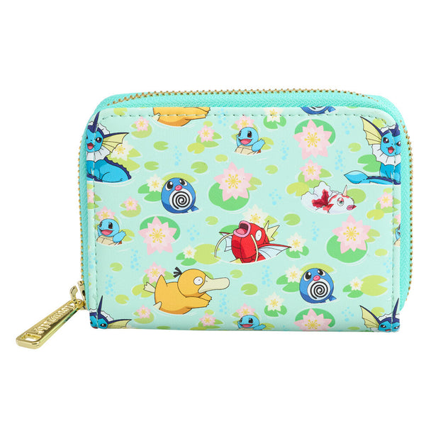 Vue avant du portefeuille Loungefly Pokémon Water Type avec motifs bleus et logo Pokémon