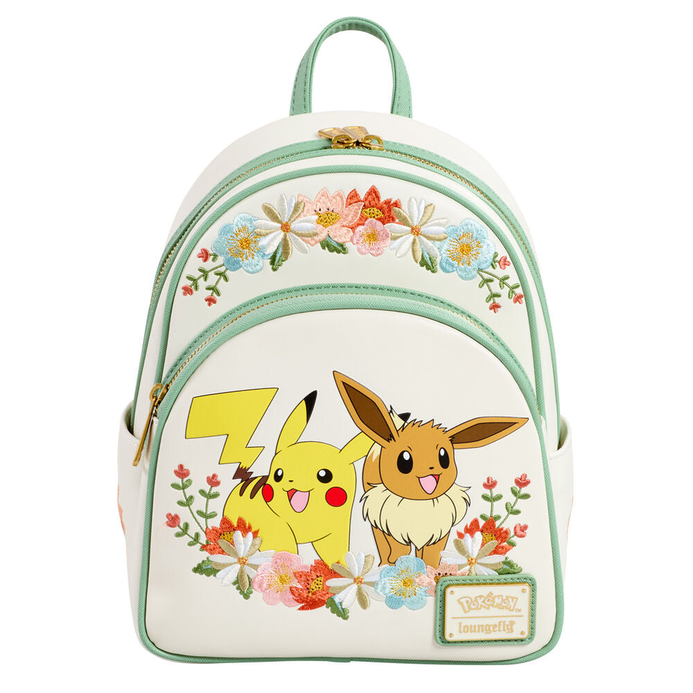 Vue avant du sac à dos Loungefly Pokémon avec Pikachu et Évoli sur fond floral coloré