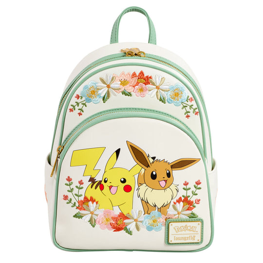 Vue avant du sac à dos Loungefly Pokémon avec Pikachu et Évoli sur fond floral coloré