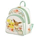 Détail du motif floral entourant les personnages Pikachu et Évoli sur le sac à dos Loungefly