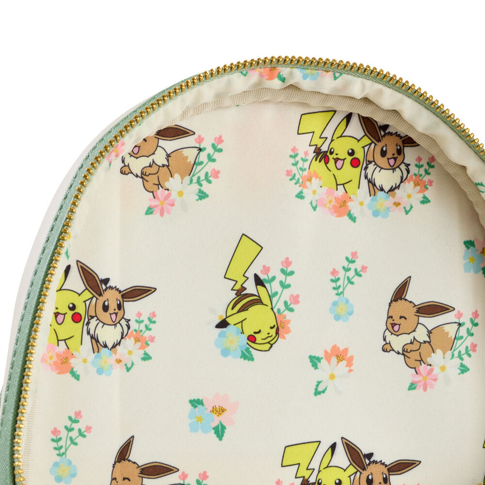 Vue arrière du sac à dos Pokémon Loungefly avec logo officiel et design floral vibrant