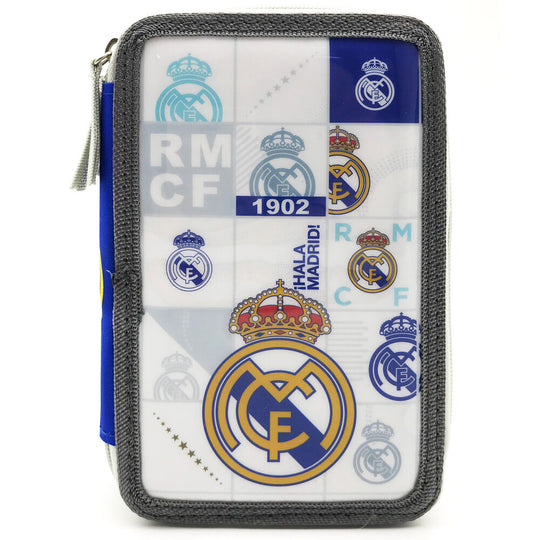 Trousse Real Madrid triple compartiments fermée avec logo officiel sur fond blanc