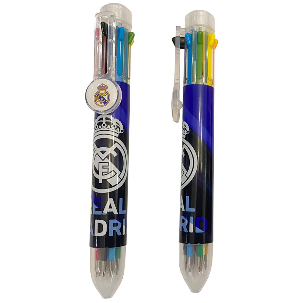 Stylo 8 couleurs Real Madrid avec clip orné du blason du club, design rétractable et huit mines colorées.