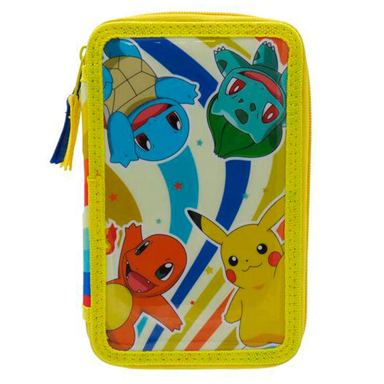 Vue de face de la trousse Pokémon triple compartiments avec fermeture éclair et design coloré