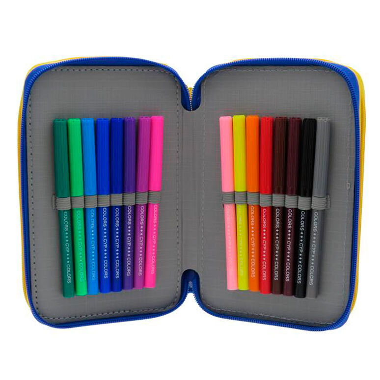 Gros plan sur les crayons de couleur et feutres inclus dans la trousse Pokémon pour dessiner et colorier