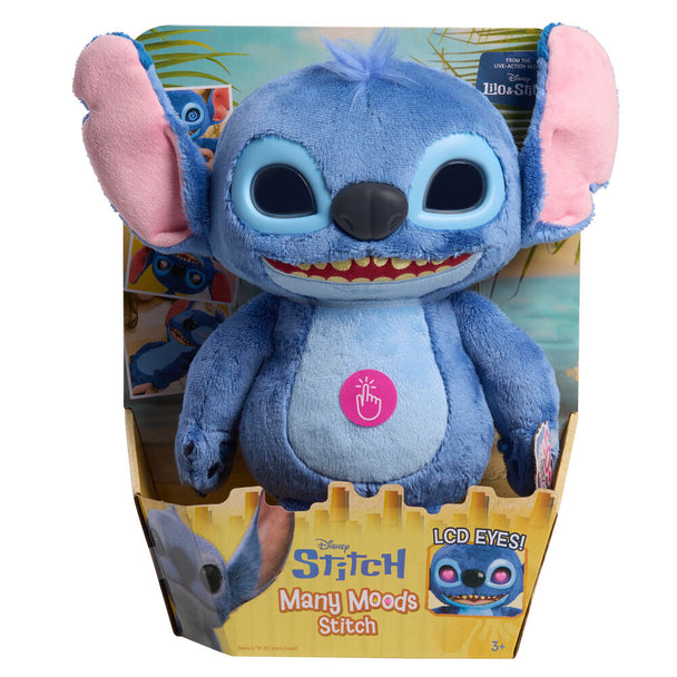 Détail du visage expressif de la peluche Stitch avec yeux LED scintillants