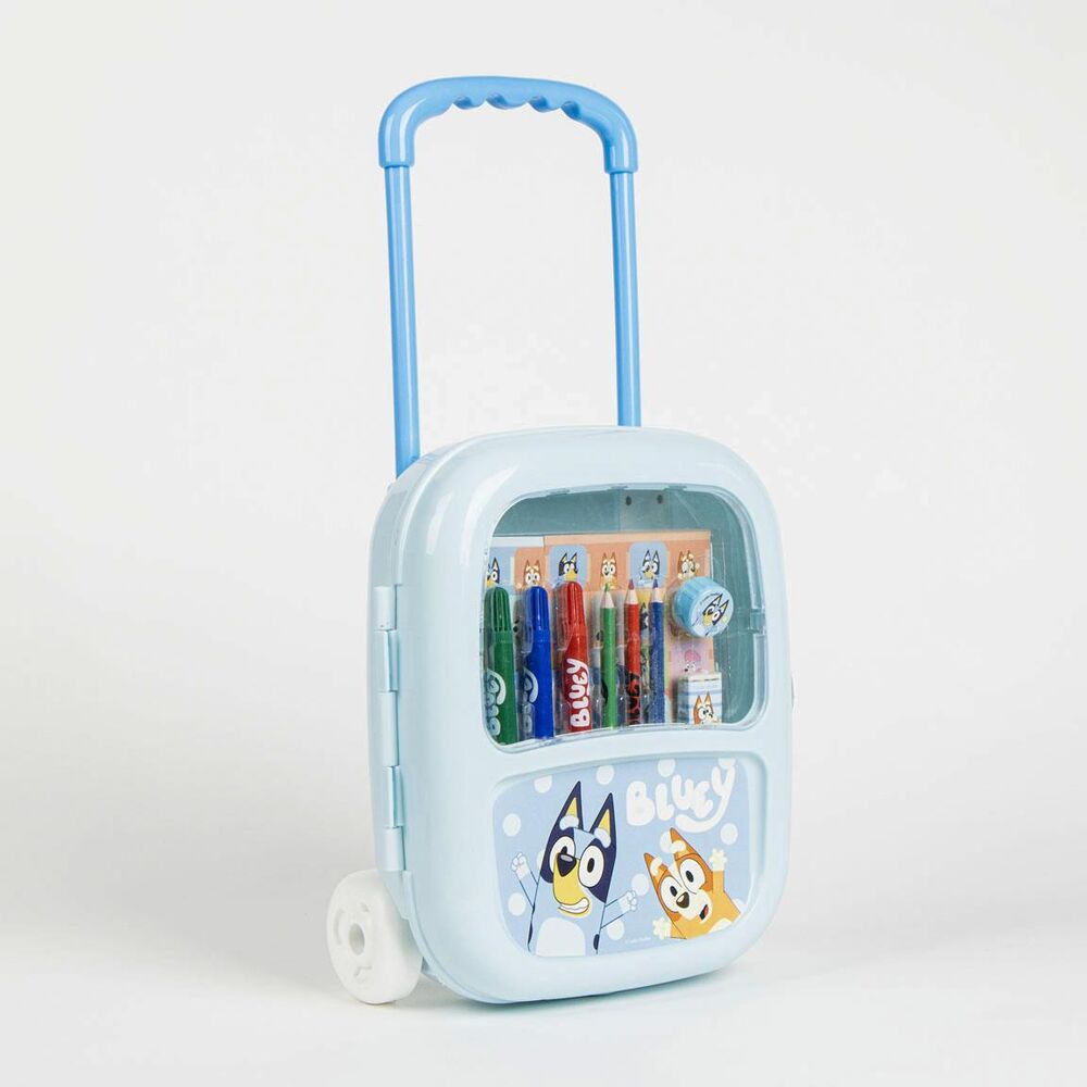 Détail des roues robustes et de la poignée ergonomique du trolley Bluey CERDÁ pour un transport facile