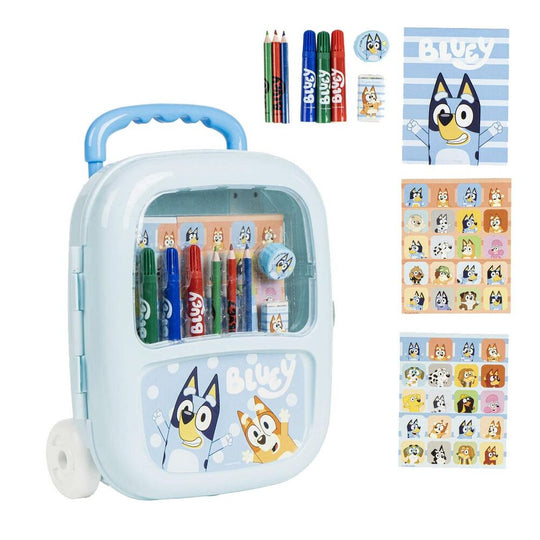 Vue de face du trolley de papeterie Bluey CERDÁ avec ses couleurs vives et son design enfantin