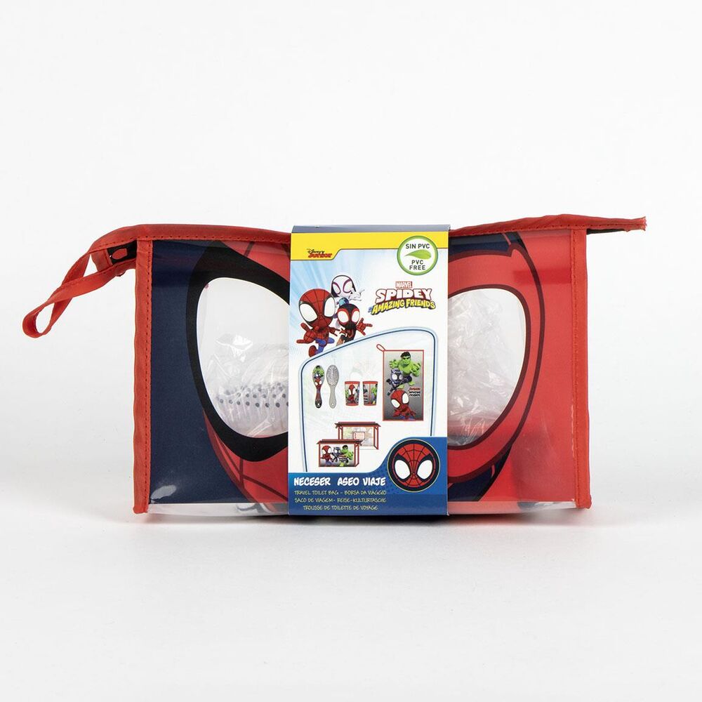 Trousse de toilette Marvel Spidey Amazing Friends posée sur une surface blanche avec éclairage naturel