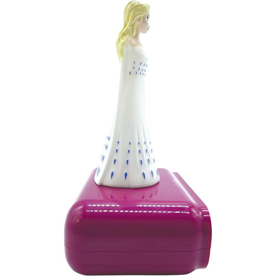 Réveil Disney Frozen Elsa avec veilleuse 3D allumée montrant un éclairage doux et coloré pour la chambre d'enfant