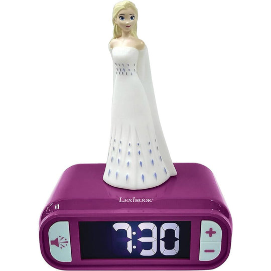 Réveil numérique Disney Frozen Elsa avec écran LCD rétroéclairé affichant l'heure et les icônes d'alarme et snooze
