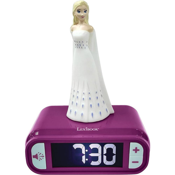 Réveil numérique Disney Frozen Elsa avec écran LCD rétroéclairé affichant l'heure et les icônes d'alarme et snooze