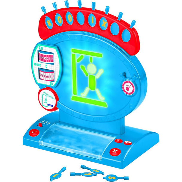 Vue du jeu électronique du pendu LEXIBOOK avec écran affichant le mot à deviner et boutons de contrôle