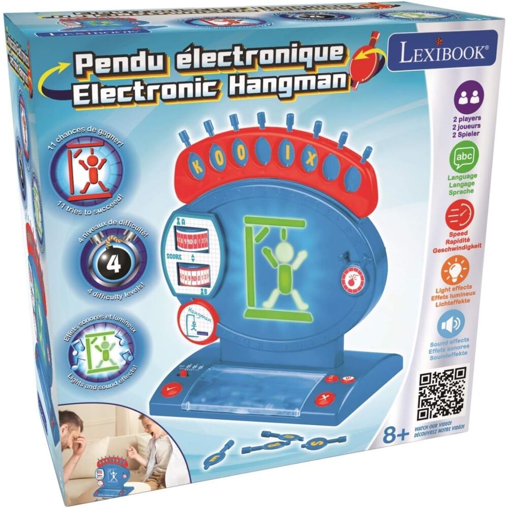 Boîte du jeu électronique du pendu LEXIBOOK montrant la marque, l'âge recommandé et les caractéristiques du produit