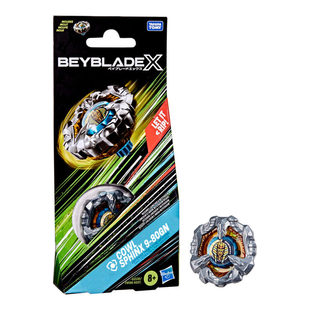 Vue rapprochée de la toupie Beyblade X Cowl Sphinx 9-80GN avec son design unique
