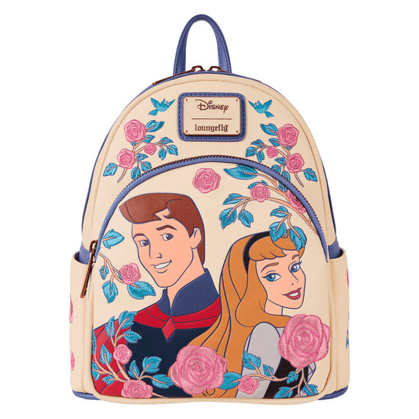 Sac à dos Loungefly Disney Aurore et Philippe vu de face avec détails brodés et poches zippées