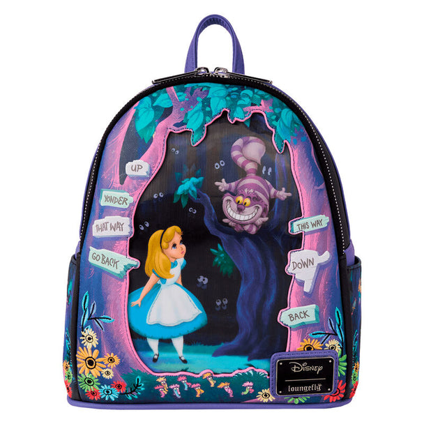 Vue de face du sac à dos Disney Alice au Pays des Merveilles en cuir saffiano synthétique avec motifs embossés et imprimés