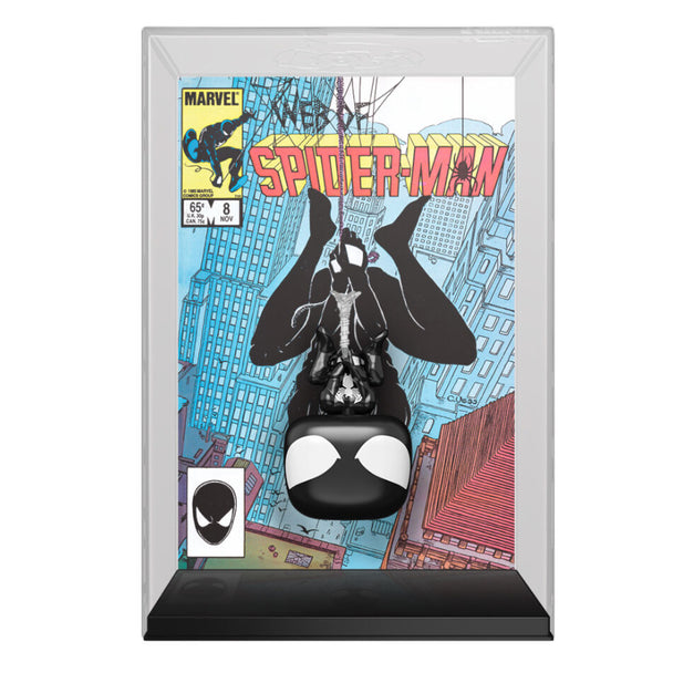 Figurine Funko POP Spider-Man en costume noir vue de face avec détails des yeux et logo araignée sur la poitrine