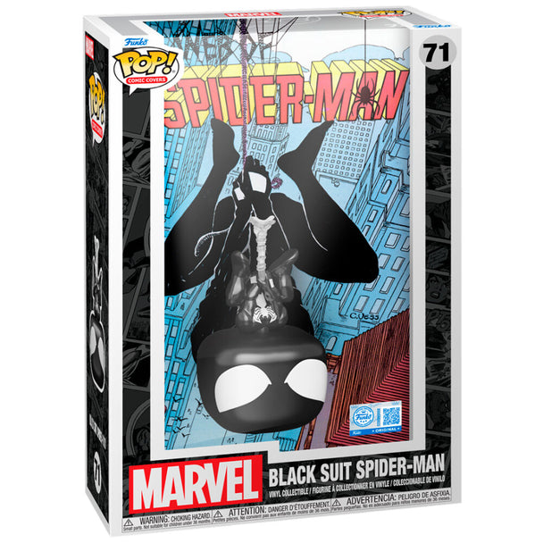 Figurine Funko POP Spider-Man costume noir montrant le dos avec texture et design fidèle au comic original
