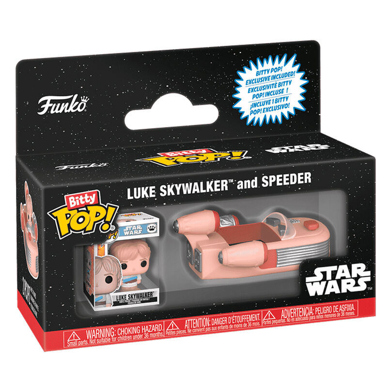Figurine Funko Bitty Pop de Luke Skywalker sur son speeder dans un étui acrylique transparent