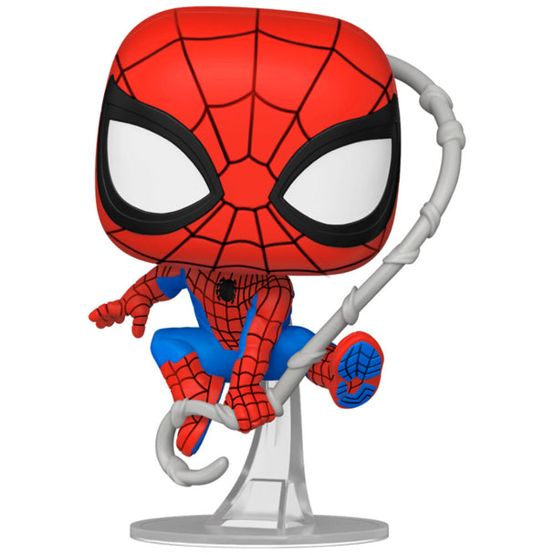 Vue rapprochée de la figurine Funko POP Spider-Man Marvel montrant les détails précis et les couleurs vives