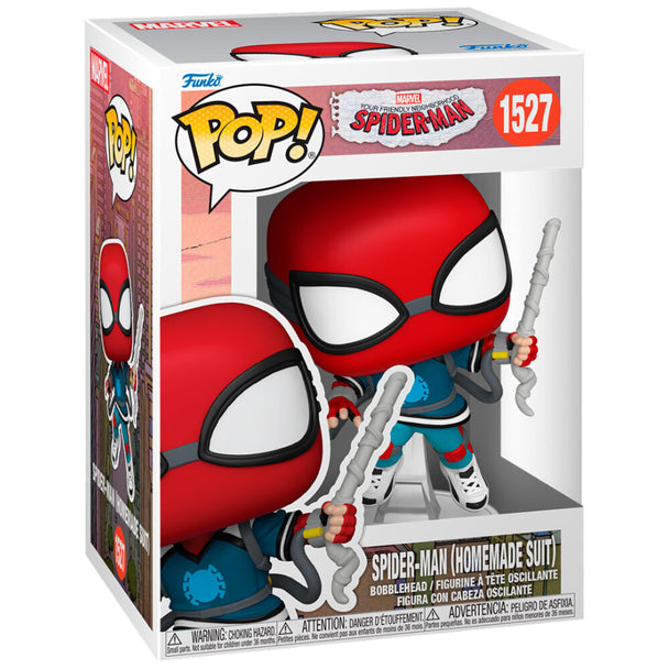 Boîte cadeau de la figurine Funko POP Spider-Man costume homemade avec logo Marvel visible