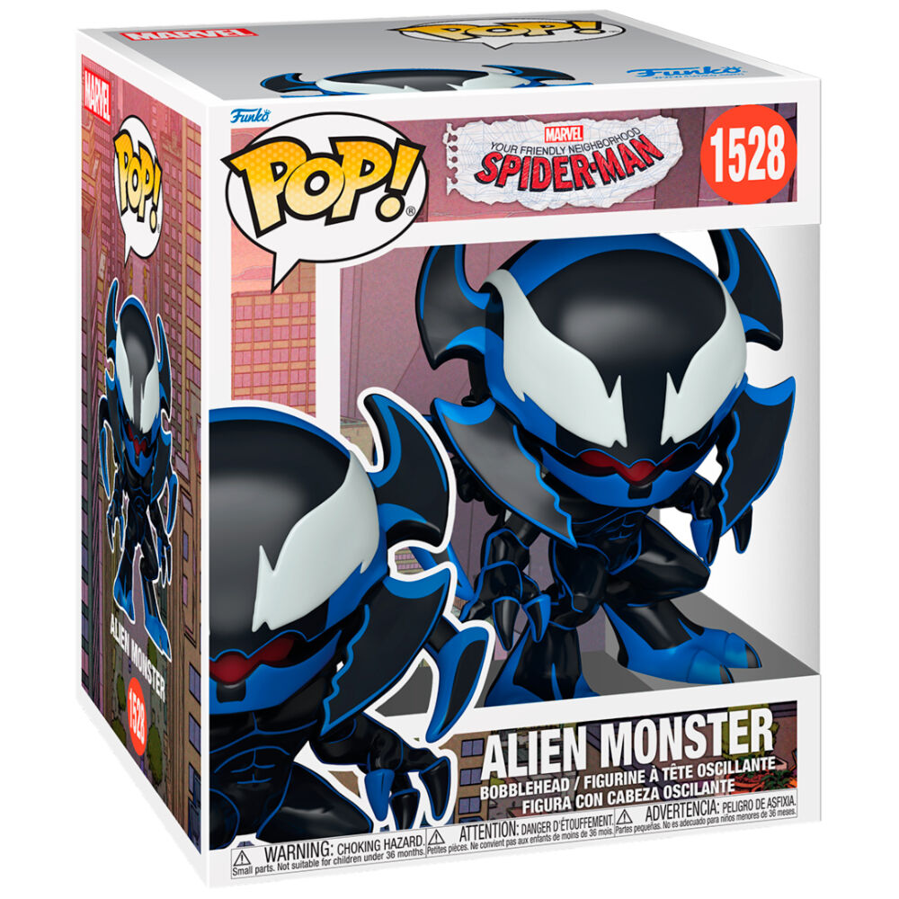 Vue rapprochée de la figurine Funko POP Super Spider-Man Alien Monster montrant les détails du visage et du costume en vinyle