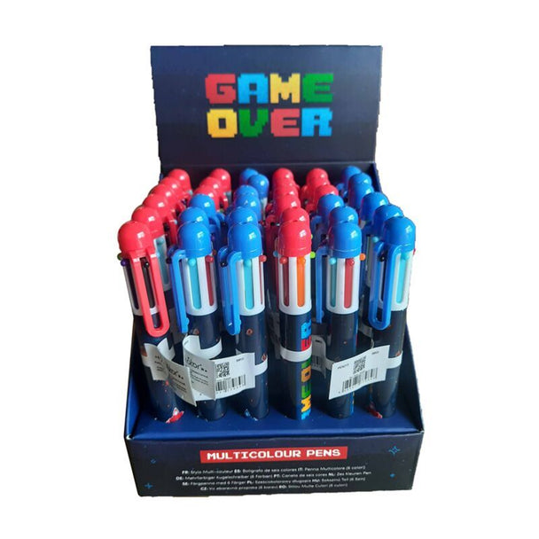 Gros plan sur le stylo Game Over montrant les boutons de sélection des couleurs bleu, rouge, orange, vert, violet et noir