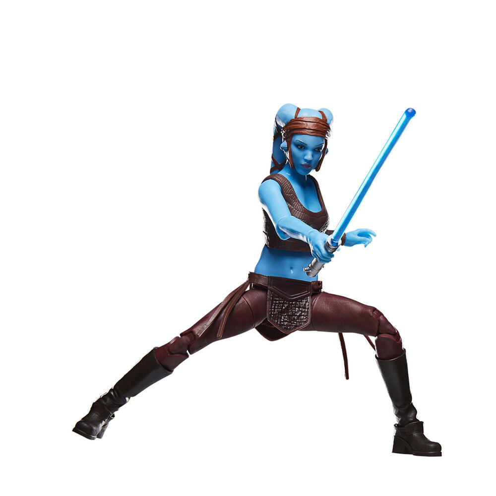 Figurine articulée Aayla Secura en position de combat avec accessoires inclus