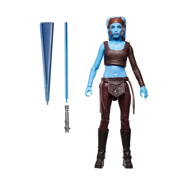 Détail du visage d'Aayla Secura avec maquillage bleu et tatouages distinctifs
