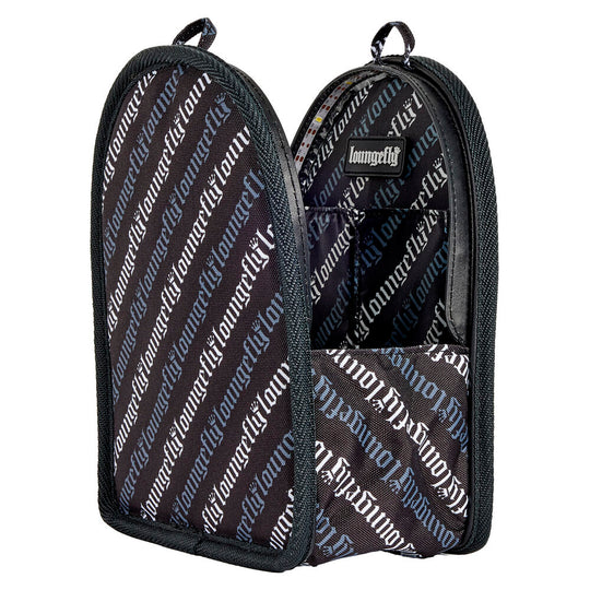 Logo LOUNGEFLY visible sur l'organisateur de sac à dos avec éclairage intégré, mettant en avant la marque
