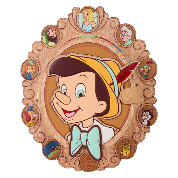 Sac à dos Loungefly Disney Pinocho Cameo vue de face avec détails brodés et imprimés en similicuir.