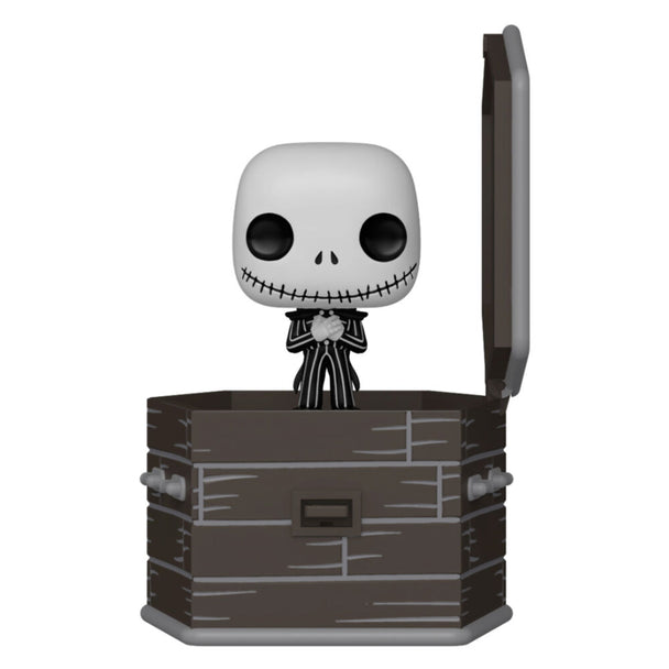 Figurine Pocket POPers Jack Skellington en vinyle dans un cercueil pop inspiré de Disney Nightmare Before Christmas, vue de face.