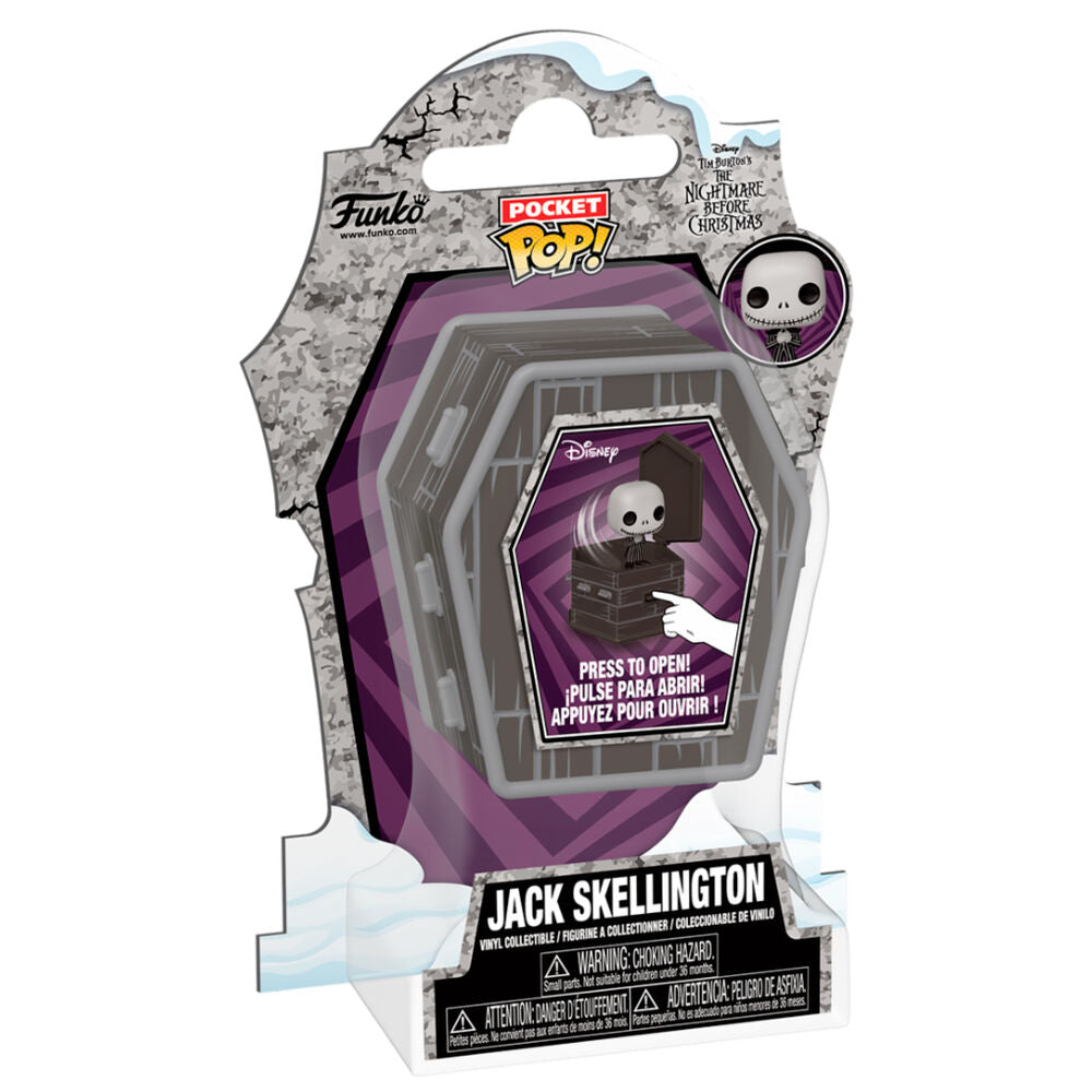 Vue détaillée de la figurine Jack Skellington Pocket POPers en vinyle avec ses dimensions compactes, produit officiel FUNKO.