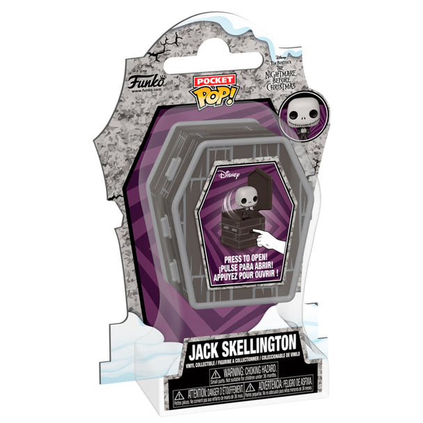 Vue détaillée de la figurine Jack Skellington Pocket POPers en vinyle avec ses dimensions compactes, produit officiel FUNKO.