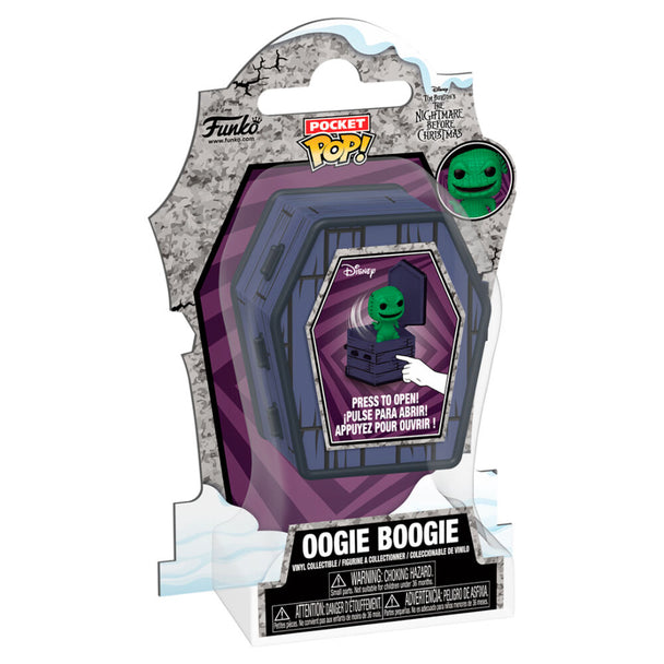 Figurine Pocket POP! Oogie Boogie ouverte, montrant le personnage en vinyle dans son coffret coffret cercueil, vue de face.